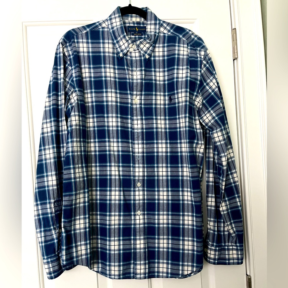 Ralph Lauren Blue and White Plaid Button Down Shirt Size Large